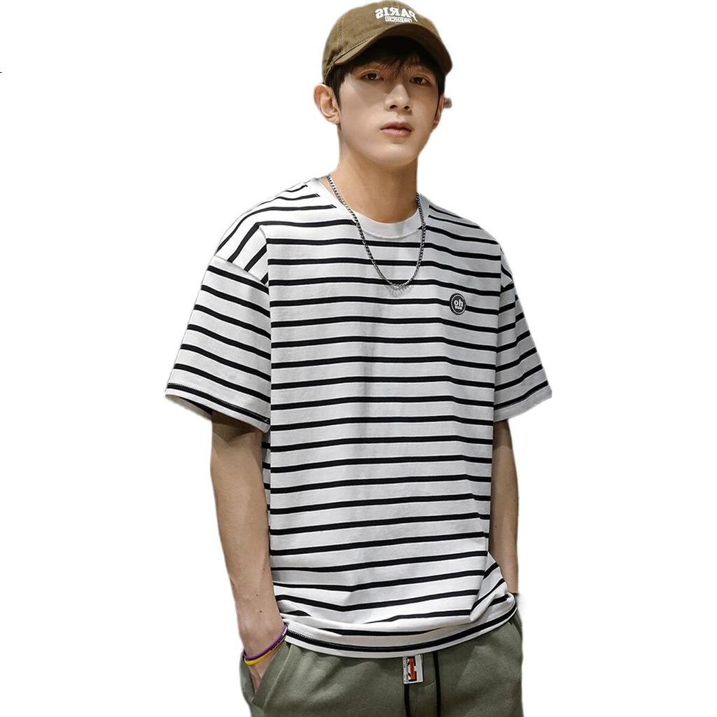 TonLion 2025 Summer Men's Left Chest Small Logo Striped Short-Sleeve T-Shirt, S, Black