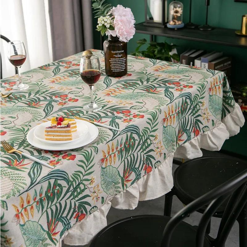 Green Plant Pattern Flounces Tablecloth Rectangular Round Cotton Linen Dustproof Tabletop Cover Restaurant Decorative Tablecloth