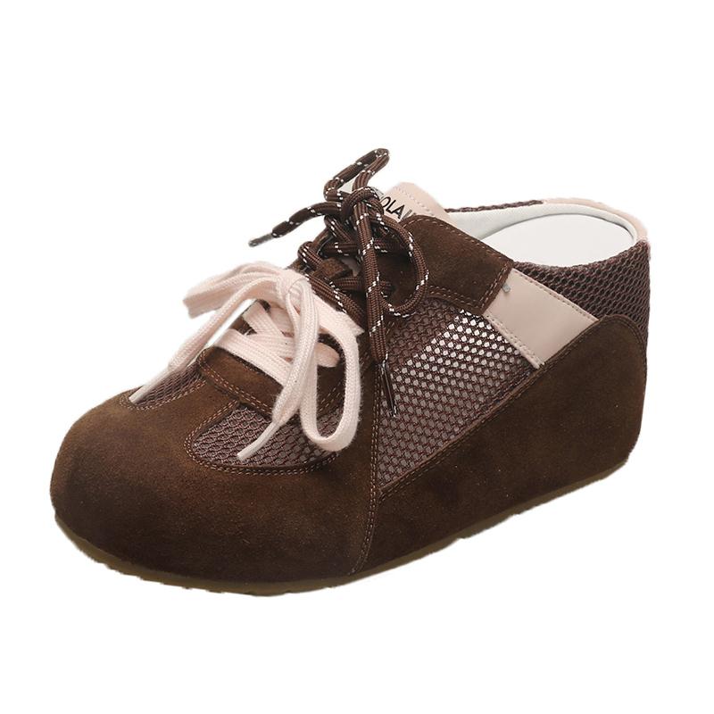 Non-heeled Semi-drag Women's Summer New Round Toe Light Mouth Color Block Hollow Out Breathable Mesh Anti-slippery Heel Shoes