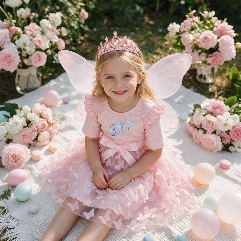 Girls Butterfly Tulle Dress, Art Print,Cute Princess Party Dress with Bow, Short Sleeve Summer Dress for Little Girls