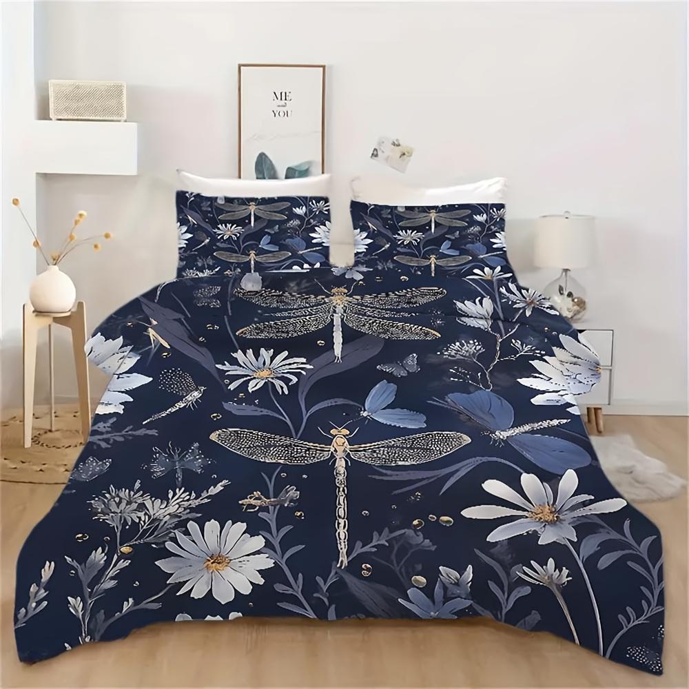 2/3Pcs Dragonfly Floral Pattern Bedding Set (1 Duvet Cover + 1/2 Pillowcases Without Core) Soft And Comfortable Bedding Set