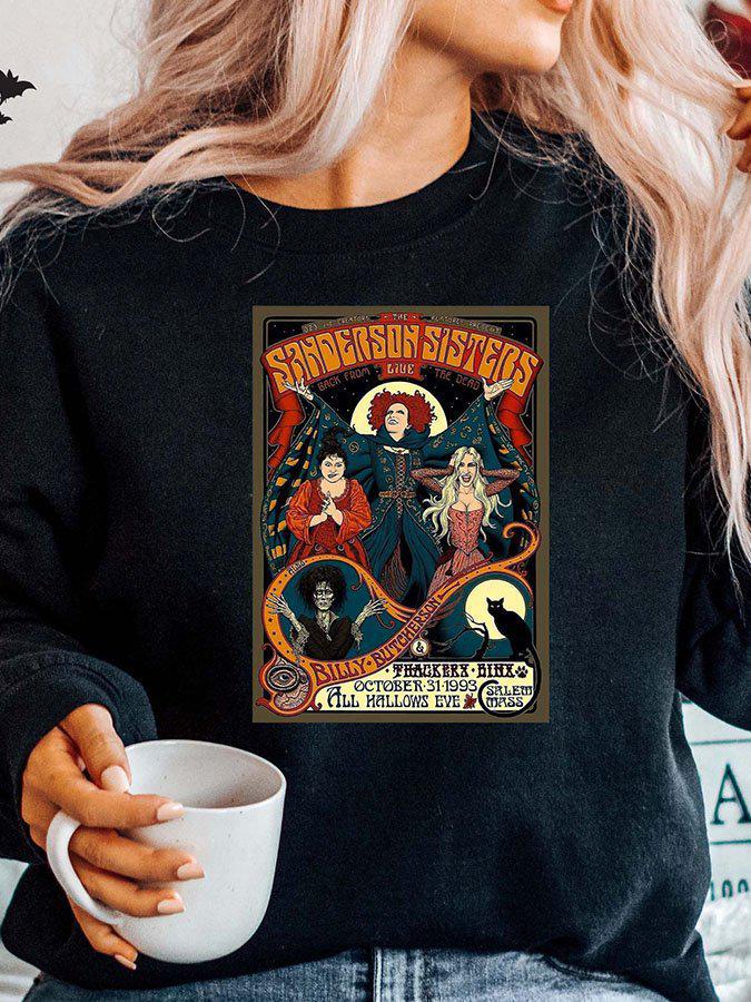 European Halloween Witch Sisters Pattern Women's Sweatshirt, Round Neck
