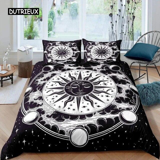 Sun Moon Duvet Cover Set Queen Microfiber Bohemian Black and White Print Yin Yang Comforter Cover Galaxy Star Twin Bedding Set Three Piece Set