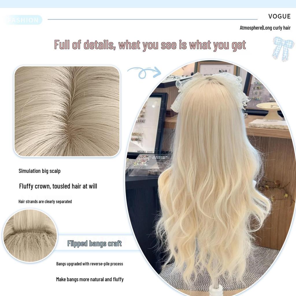 Milky White Gold Long Curly Wig with Bangs – Big Waves, Sweet Lolita Style for Daily Wear