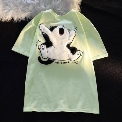 Tops Women Plus Size Summer T-shirt Cute Cartoon Kitten Round Neck Short-sleeved Loose Printed T-shirt