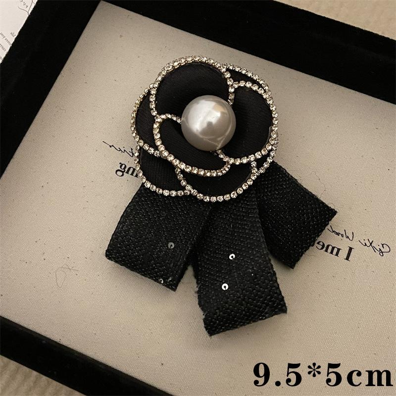 Small Fragrant Shiny Bead Bow Camellia Brooch Black Mourning Bow Tie Brooch