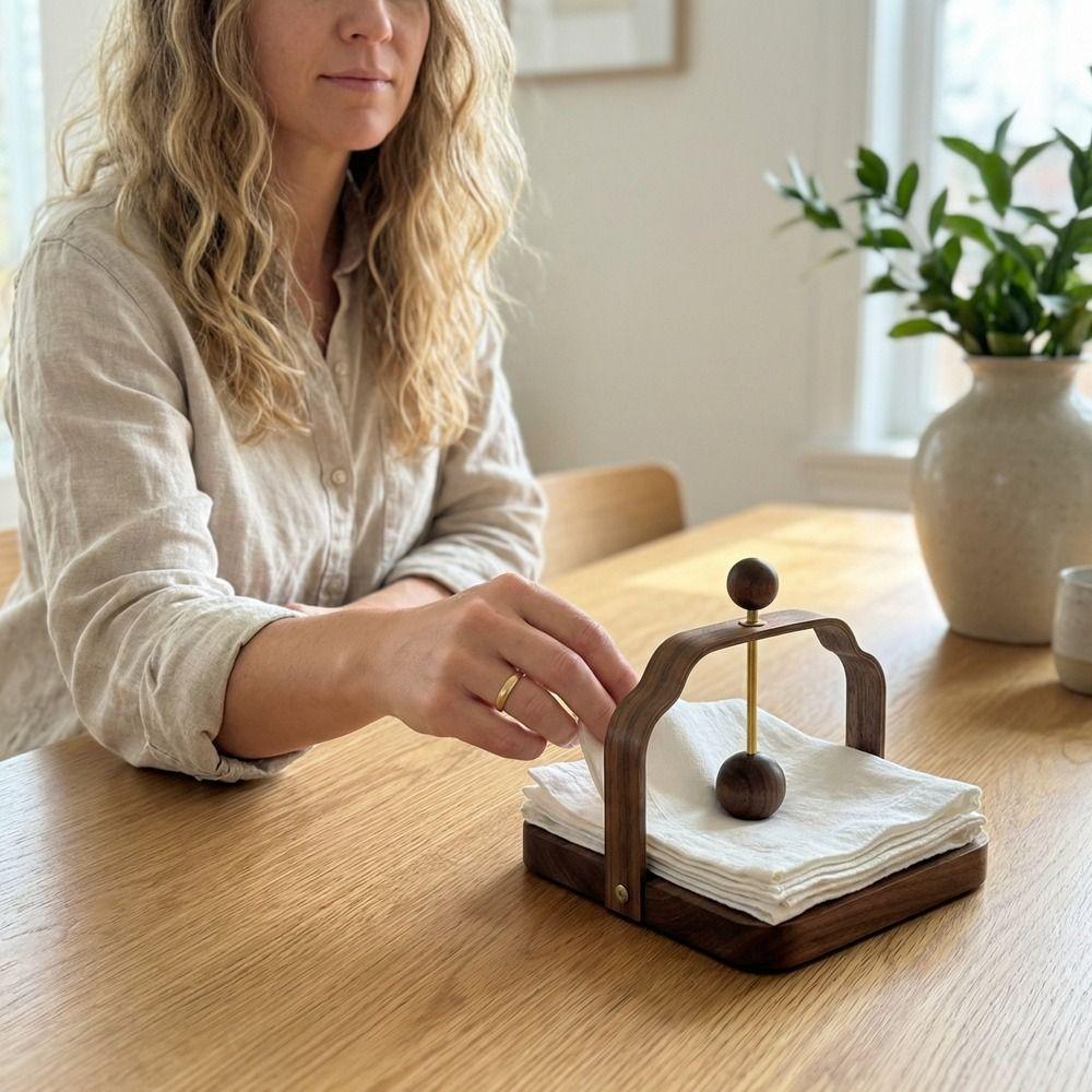 Napkin Stand Retro Walnut Wood Napkin Holder Square Decorative Tabletop Tissue Holder Chinese Style Napkin Dispenser Restaurant