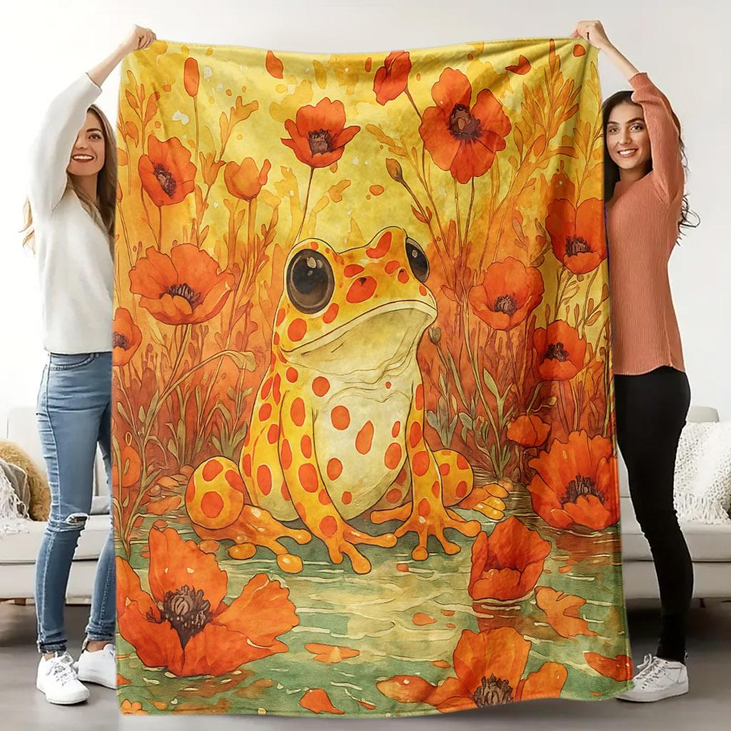 1pc Cute Frog & Flower Bedspread - Quilted Soft Flannel Blanket Suitable for ' Room,, All-Season Cozy Bed Cover, Machine Washabl