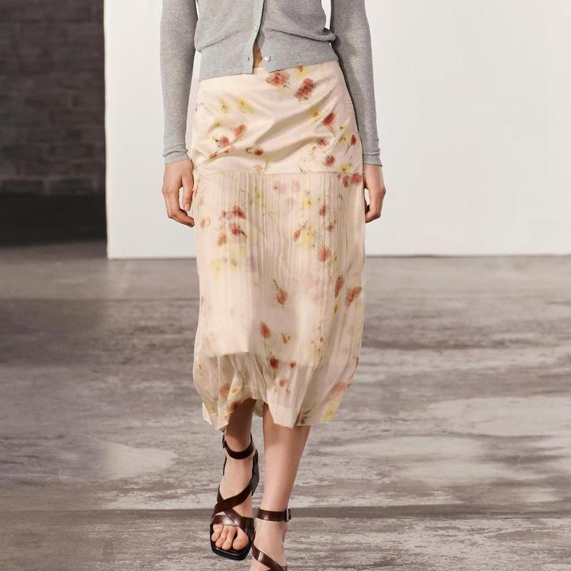 Zara Transparent Floral Versatile Mid-Rise Midi Casual Skirt Women skirts Pink 4043046-620