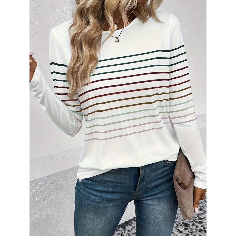 Women's New Spring and Autumn Striped Long-Sleeve T-Shirt, Casual Thin All-Match Pullover Bottoming Shirt