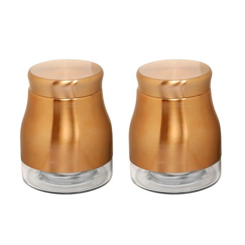 Rose Gold Finish - Bell Bottom Glass Jars for Sugar,Cereal, Spices, Pulses and other Kitchen Storage 880ml, Set of 2