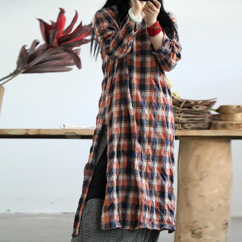 

Johnature Women Plaid Dress V-Neck Long Sleeve Vintage Button Clothes Summer Chinese Style Loose Casual Dresses One Size