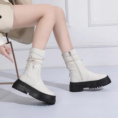 Women Boots New Leather Thick-soled 6 Boots Women's Short Boots Side Zipper Rider Boots Back Lace Mid-tube Boots
