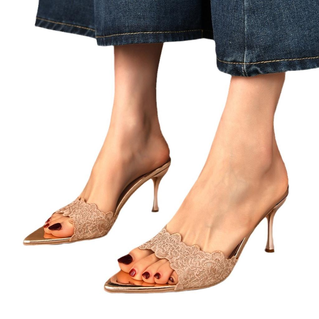 Champagne lace high-heeled slippers women's new versatile stiletto celebrity niche pointed one-word sandals summer