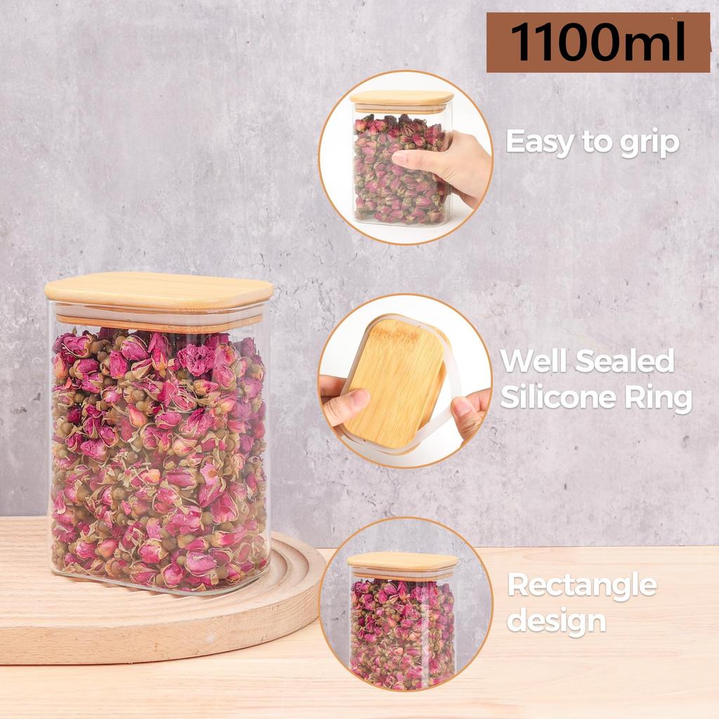 Rectangle Clear Storage Jars with Bamboo Lids For Sugar Coffee Pantry Organizer Container for Pasta Tea Candy Nuts