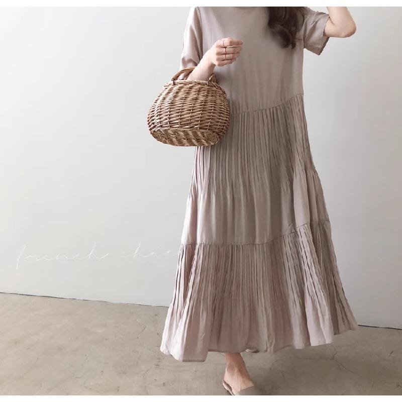 Summer Solid-color Round Neck Pleated Short Sleeved Dress