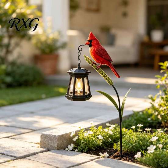 Creative Metal Patio Decorations Garden Solar Light, Red Bird Lantern, Outdoor Stake Yard Decor, Colorful Hand Painted Art Warm Glow Lantern for Lawn