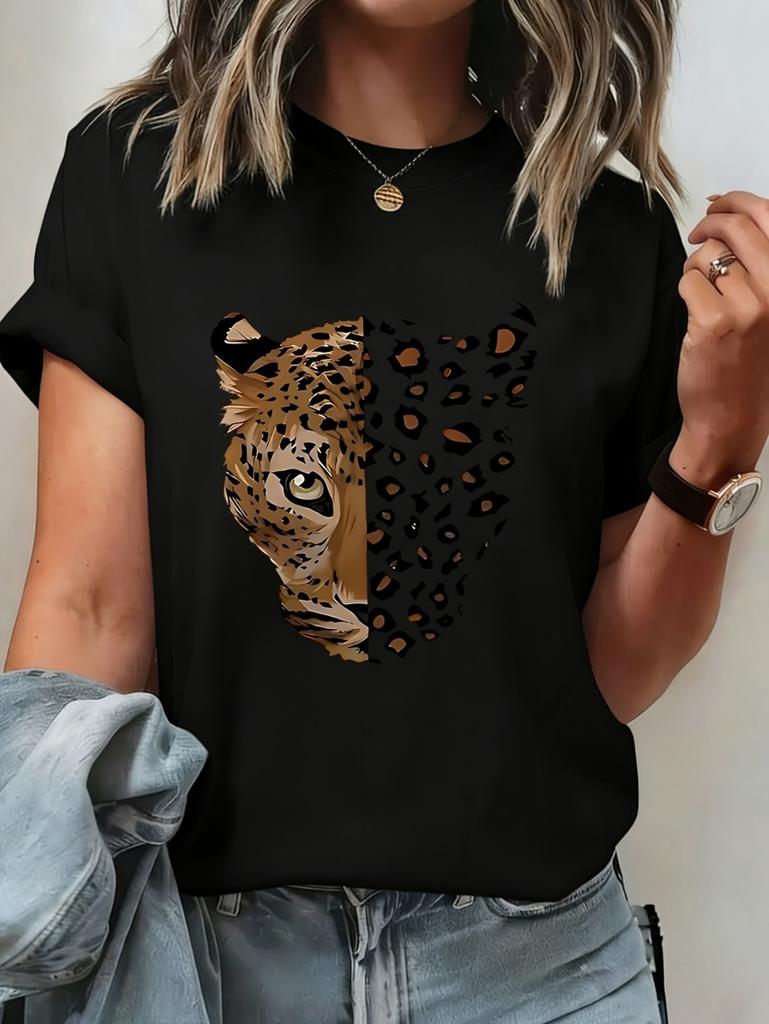 T-shirt d'été vintage pour femme avec imprimé léopard et graphique tigre, manches courtes, respirant, décontracté, col rond, vêtements pour femme