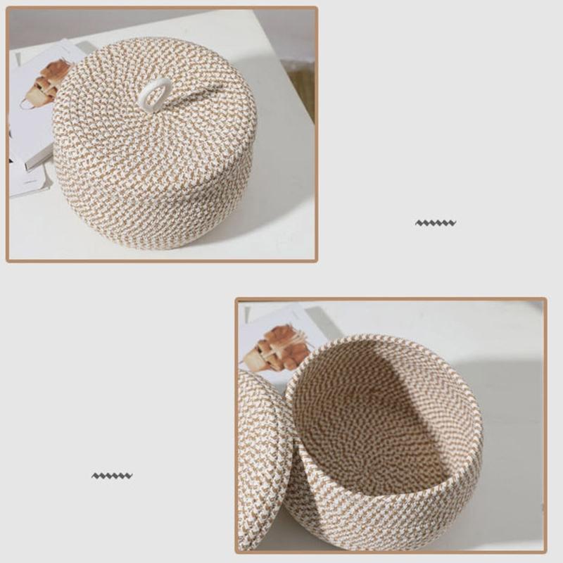 Storage Basket with Lid Key Laundry Round Little Baskets Organizer Shelves Woven Cotton Rope Indoor Pots Plant Decor