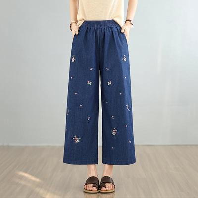 Plus Size Thin Vintage Embroidery Floral High Waist Casual Loose Women Summer Jeans Denim Wide Leg Pants