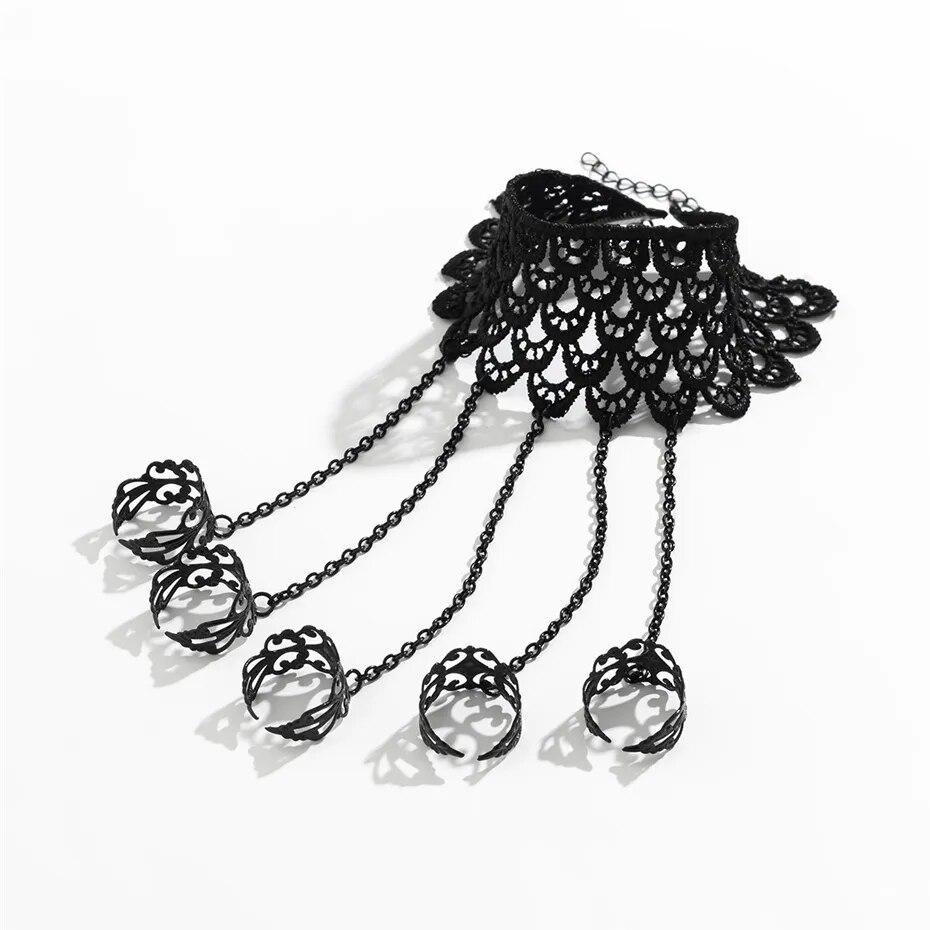 Creative Vintage Black Lace Finger Wrist Chain Rings Bracelets For Women Metal Connecting Hand Harness Bangles Punk Jewelry