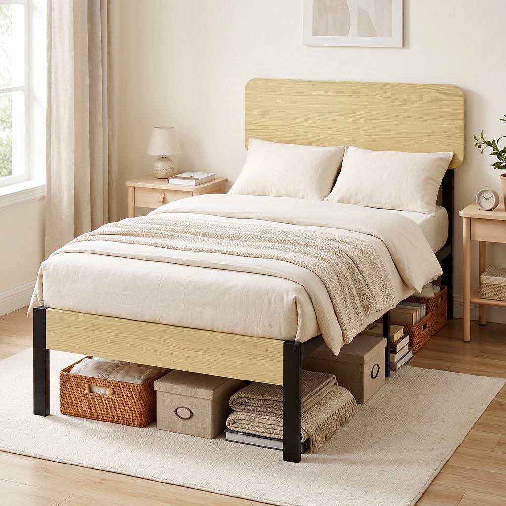 Bed Frame 90 X 200 Cm with Headboard, Platform Bed, Single Bed with Under-Bed Storage