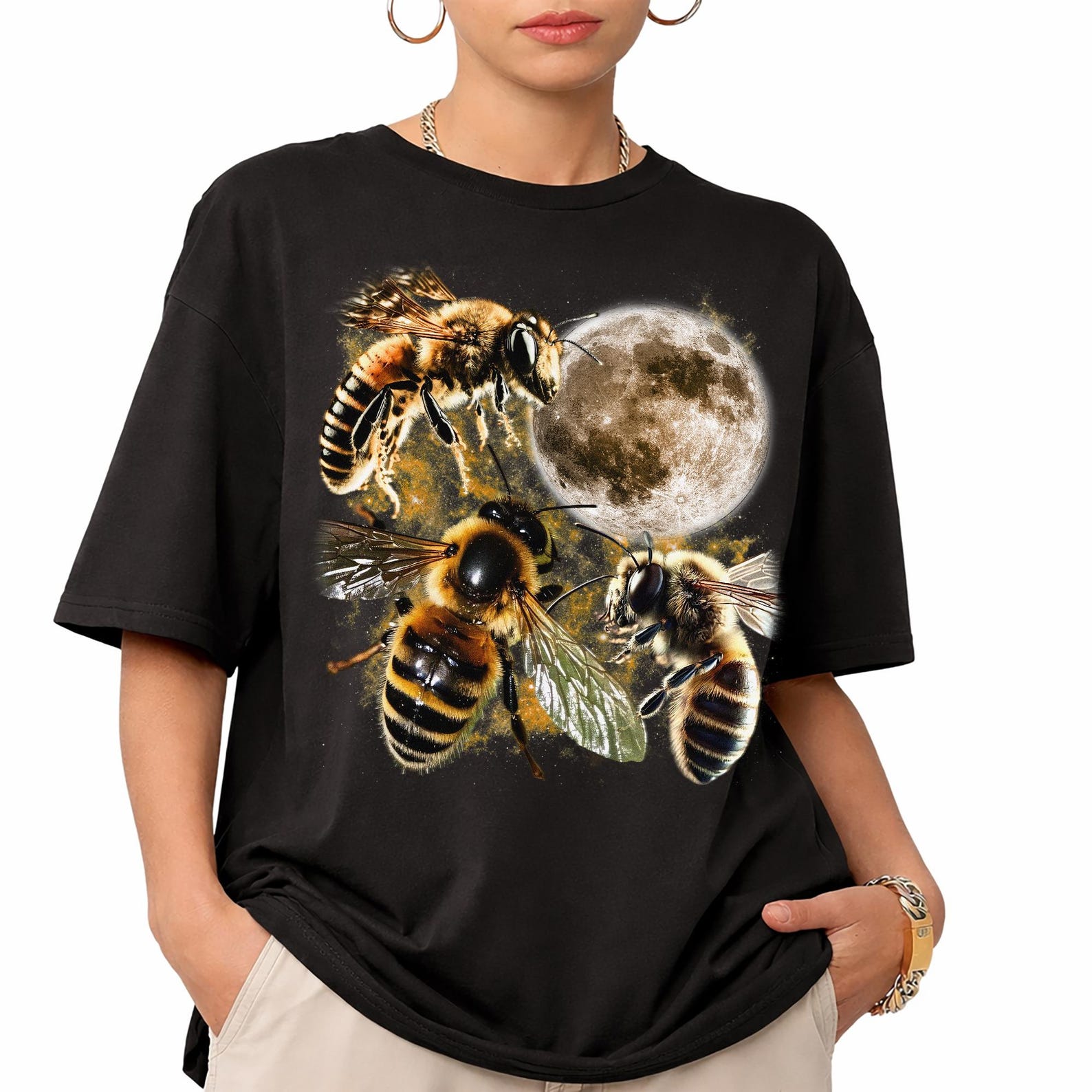 Honey Bee Moon T-Shirt, Retro Nature Graphic Bee Lover Tee 4XL