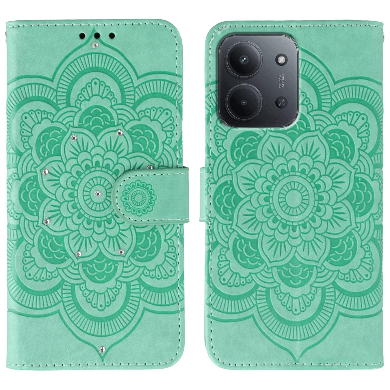 

For Xiaomi Redmi 15C 5G (EU) (173mm)/15C 4G (EU) (173mm) Case Rhinestone Decor PU Leather Mandala Imprint Phone Cover with Wrist Strap Green