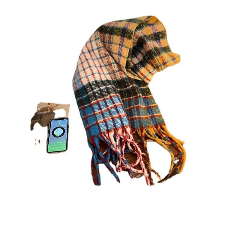 Rainbow Plaid Fringed Scarf Girls Winter New Korean Version Versatile Warm Scarf Shawl Dual-purpose Thickened