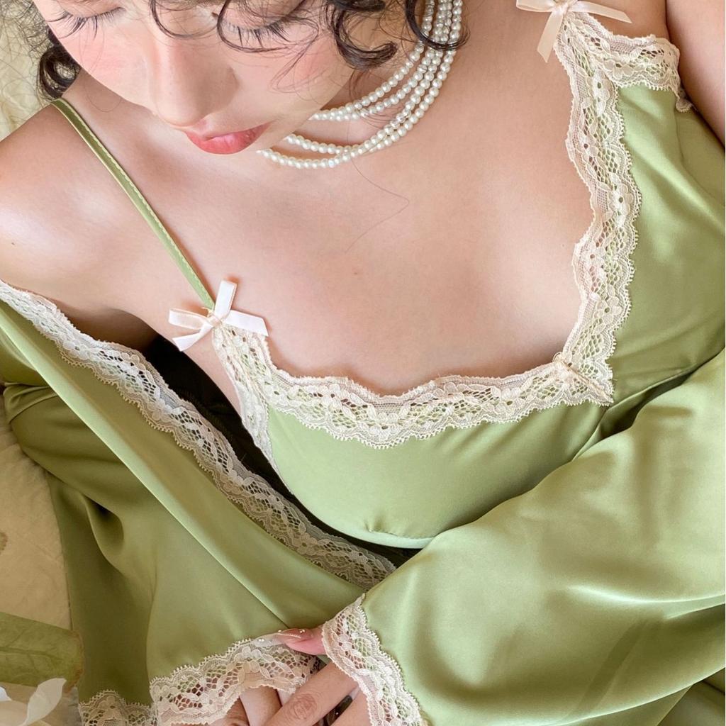 Feminino Kimono Roupão Vestido Preto Cetim Camisola&Robe Conjunto Camisola Sexy Renda Acabamento Pijamas Solto Casual Homewear Lounge Wear