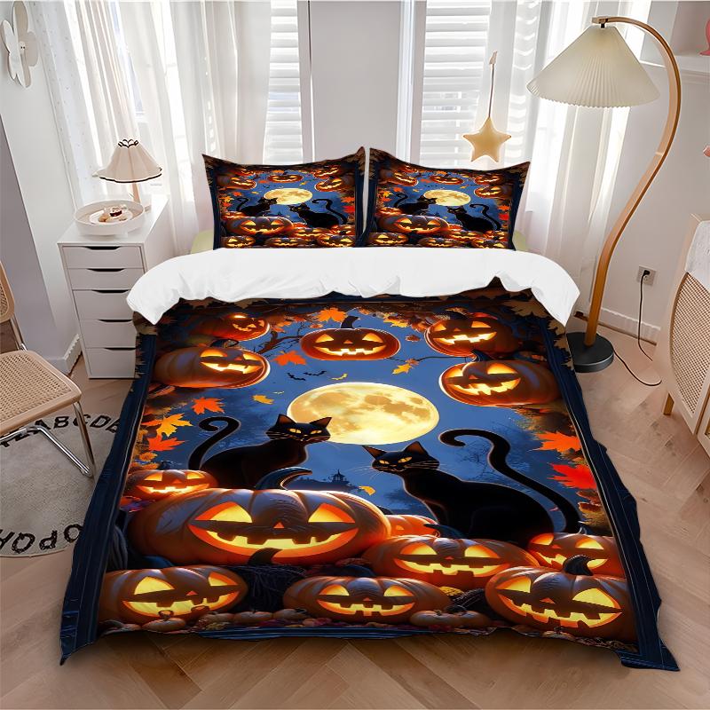 3Pcs Halloween Night Cats Bedding Set Soft Fabric Duvet Cover Pillowcases Home Christmas Xmas Halloween Gift 1 Duvet Cover 2 Pillowcase G1153
