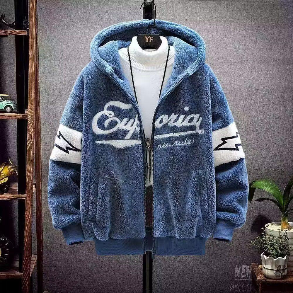 Men's Trendy Hooded Cotton Jacket - Lambswool, Plus Size, Autumn/Winter, Hong Kong Style, Loose Fit, Casual, Warm, Couple's Outerwear