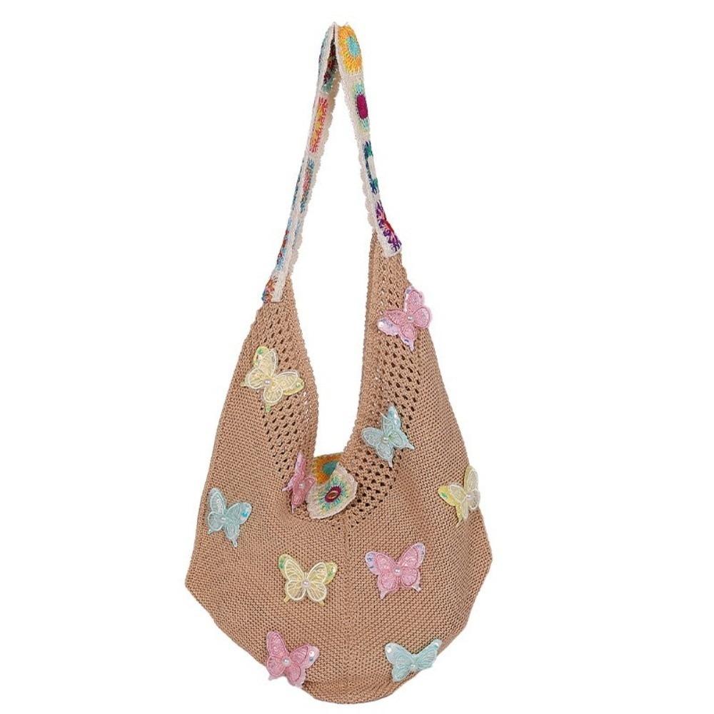 Fashion Large Capacity Women Shoulder Bag Butterfly Floral Crochet Hollow Out Knitted Handbag Vintage Multicolor Crossbody Bags