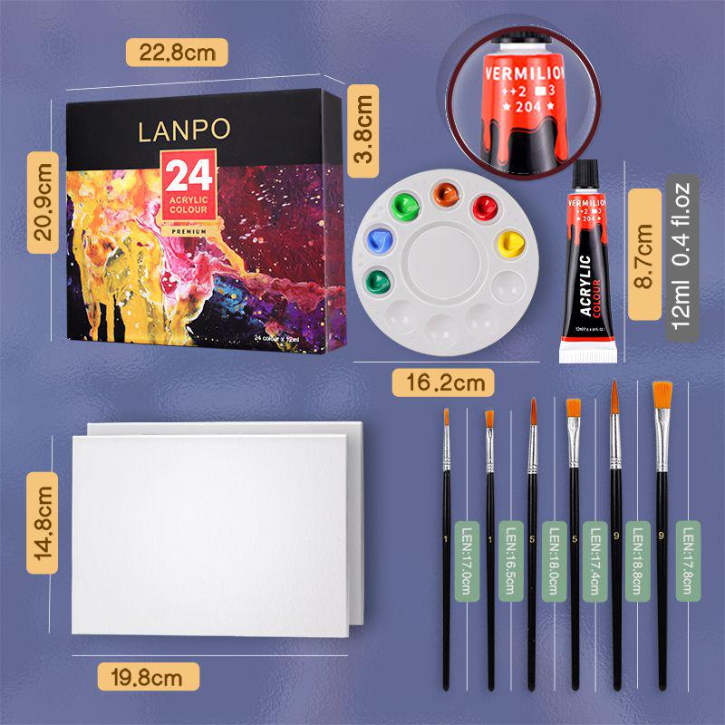 LANPO Acrylic Paint Set: 24 Colors, Waterproof, Beginner-Friendly, Boxed for DIY Projects