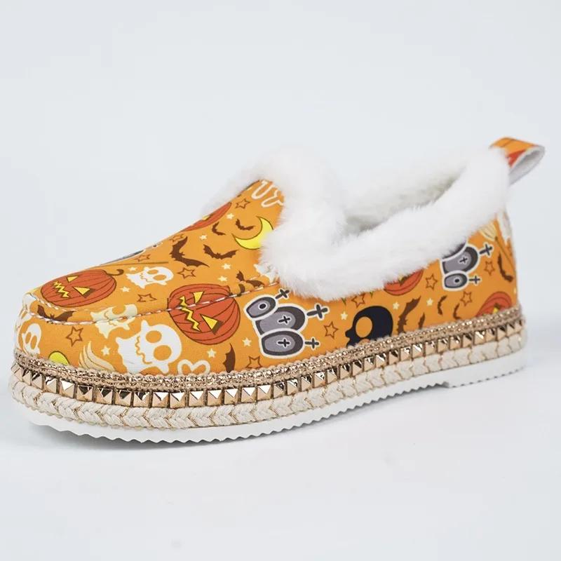 Fashion Halloween Flats Women Shoes Random Print Fur Warm Loafers 2025 New All Saints' Day Party Casual Cozy Cotton Shoes Mujer Zapatos