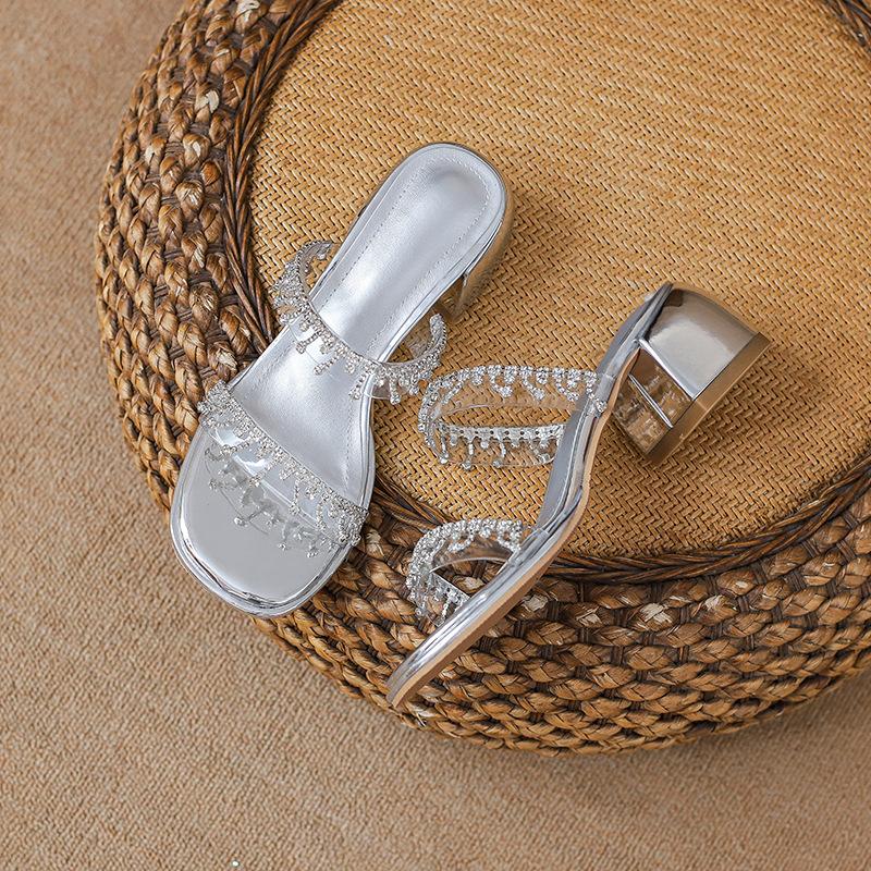 

Босоножки со стразами и жемчужным носком, летние, на ремешке, серебристые, богемные, нишевые, туфельки феи, на толстом каблуке, пляжные шлепанцы 34 серебряный