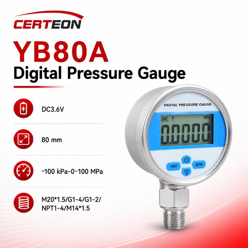 YB80A Digital Pressure Gauge YB-80A Stainless Steel IP65 Industrial Electronic Manometer Vacuum Hydraulic Oil Gas LCD