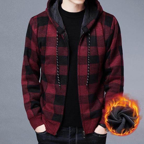 Cardigan Invernale da Uomo Colore a Contrasto Stampa Plaid Cappuccio Coulisse Giacca Media Lunghezza Maglia Spessa Maniche Lunghe Chiusura con Zip Cappotto