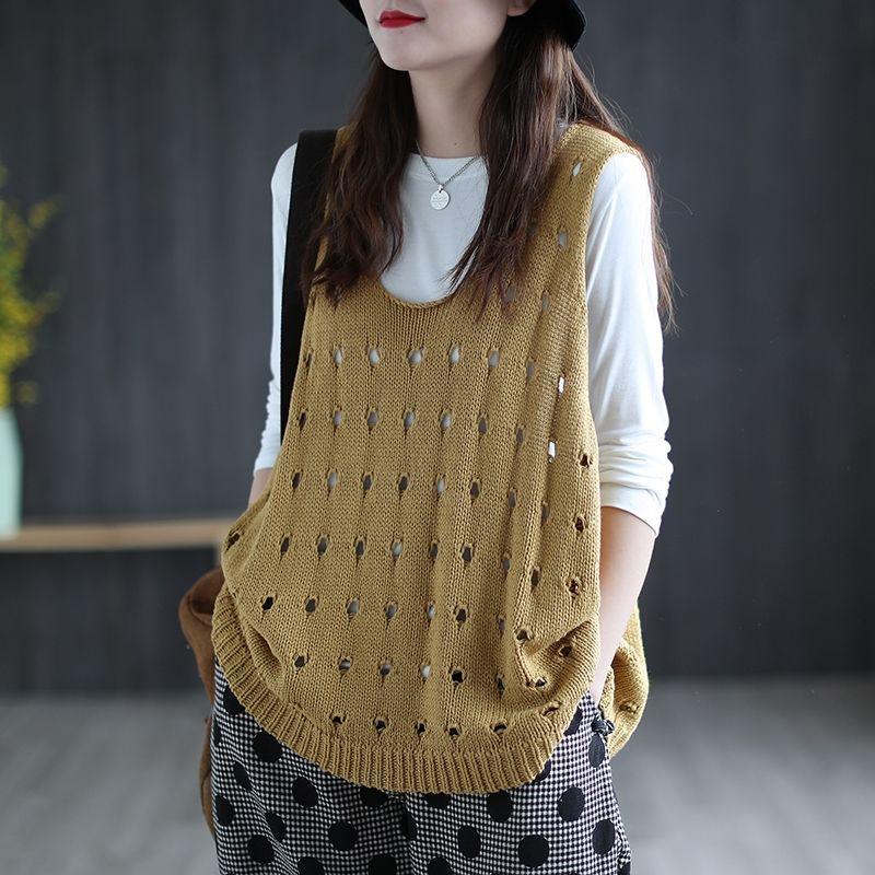 Women's Plus-Size Hollow-Out Knitted Gilet Vest Loose Outer-Wear Casual Sleeveless Cardigan for Spring and Summer
