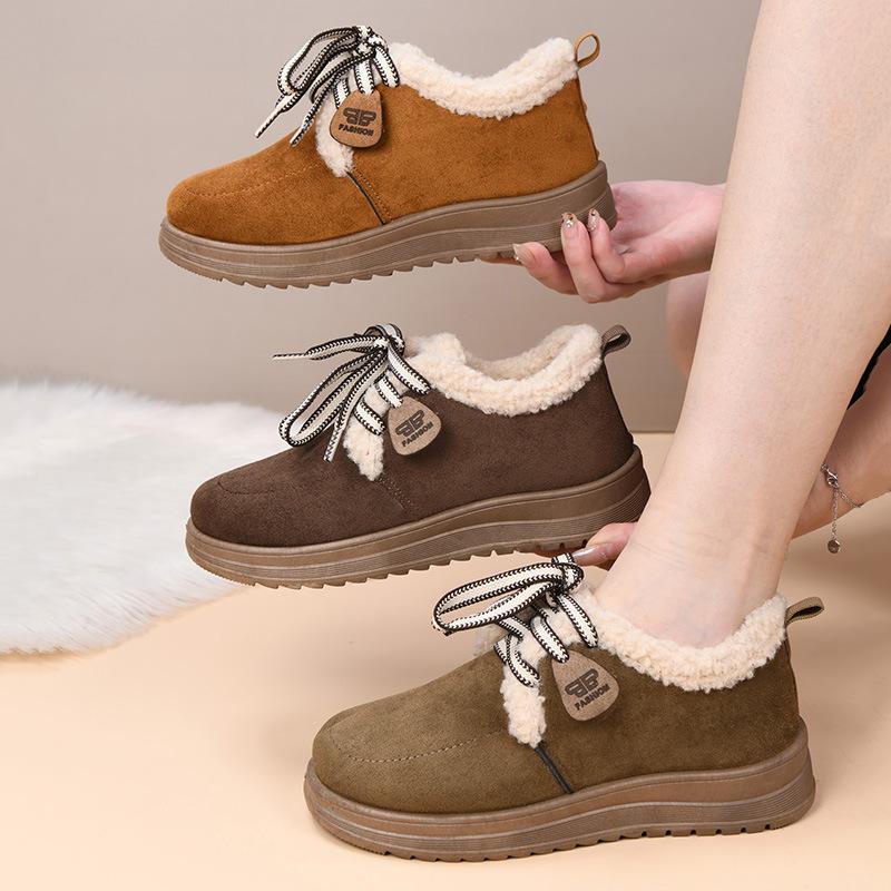 Women's Fur One Thick Bottom Heightening Winter Lightweight Padded Warm Snow Boots Non-slip Wear Casual Sports Lace-up Cotton Boots
