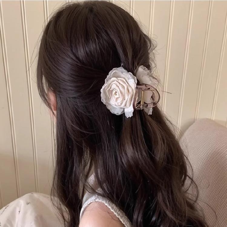 Contemporary Camellia Design Hair Claw Clip Practical Strong Grip Hairpin With Tulle Flower Embellishment