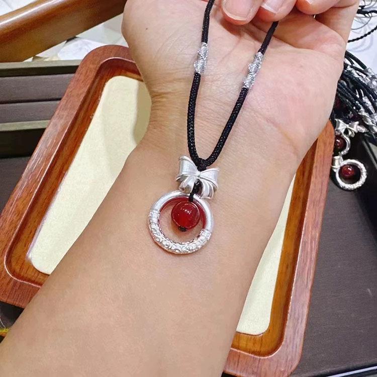 Auspicious Red Bean Cloud Peace Buckle Sterling Silver Necklace - Gift Jewelry