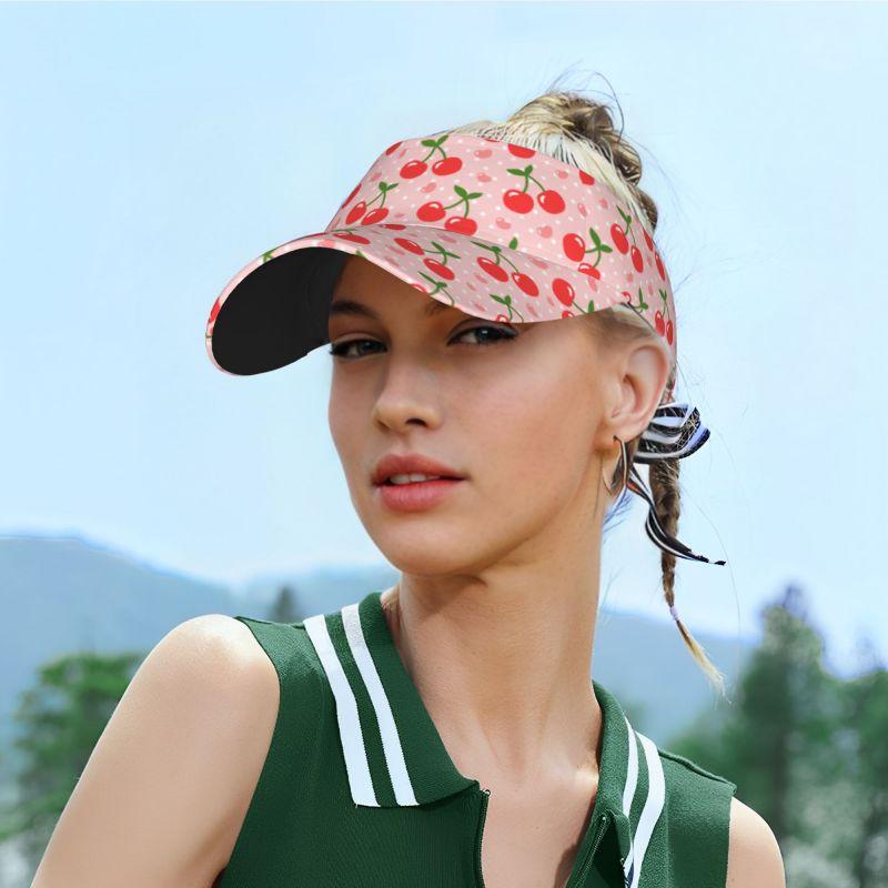 Red Cherry Pink Hearts Print Sun Sports Visor Hats Summer Adjustable Beach Cap Outdoor Sports Sun Visor Hat for Women
