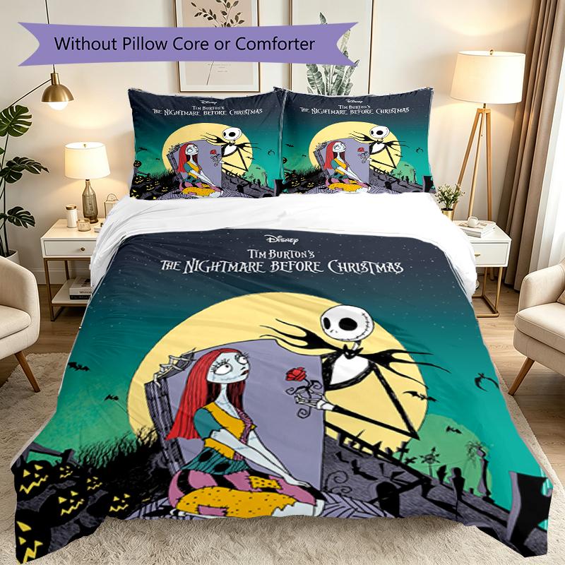 Halloween Jack Sally Skull Duvet Cover Set - Without Core & Quilt, Lightweight Machine Washable, Anime Style Gaming Bed Set