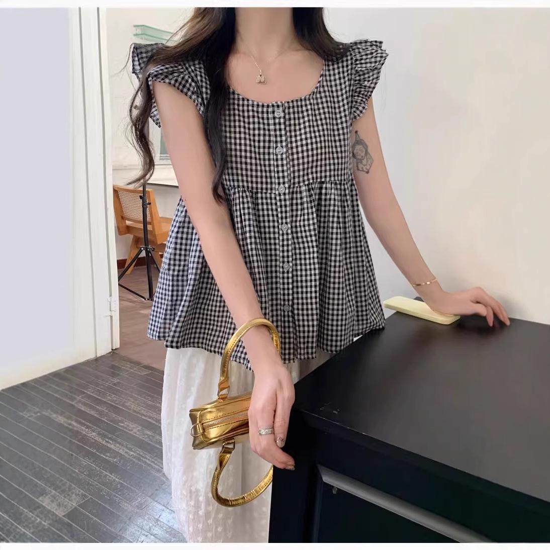 

Женский летний клетчатый топ-майка с короткими рукавами свободного кроя M - Premium чёрный