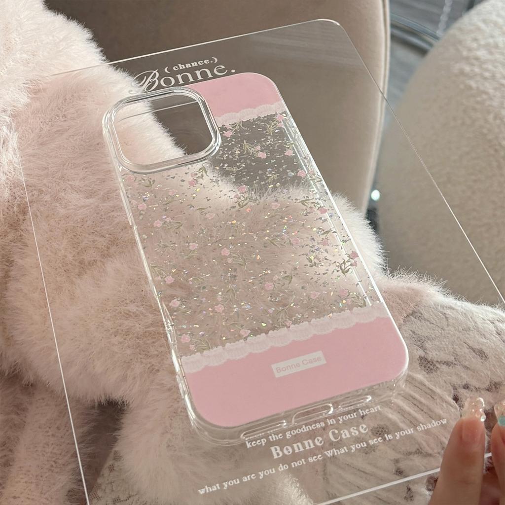 Pink Flower Embroidery Suitable for Apple 16promax Mobile Phone Case 17 Glitter Powder Iphone14 Art 11 Hanging Chain 13