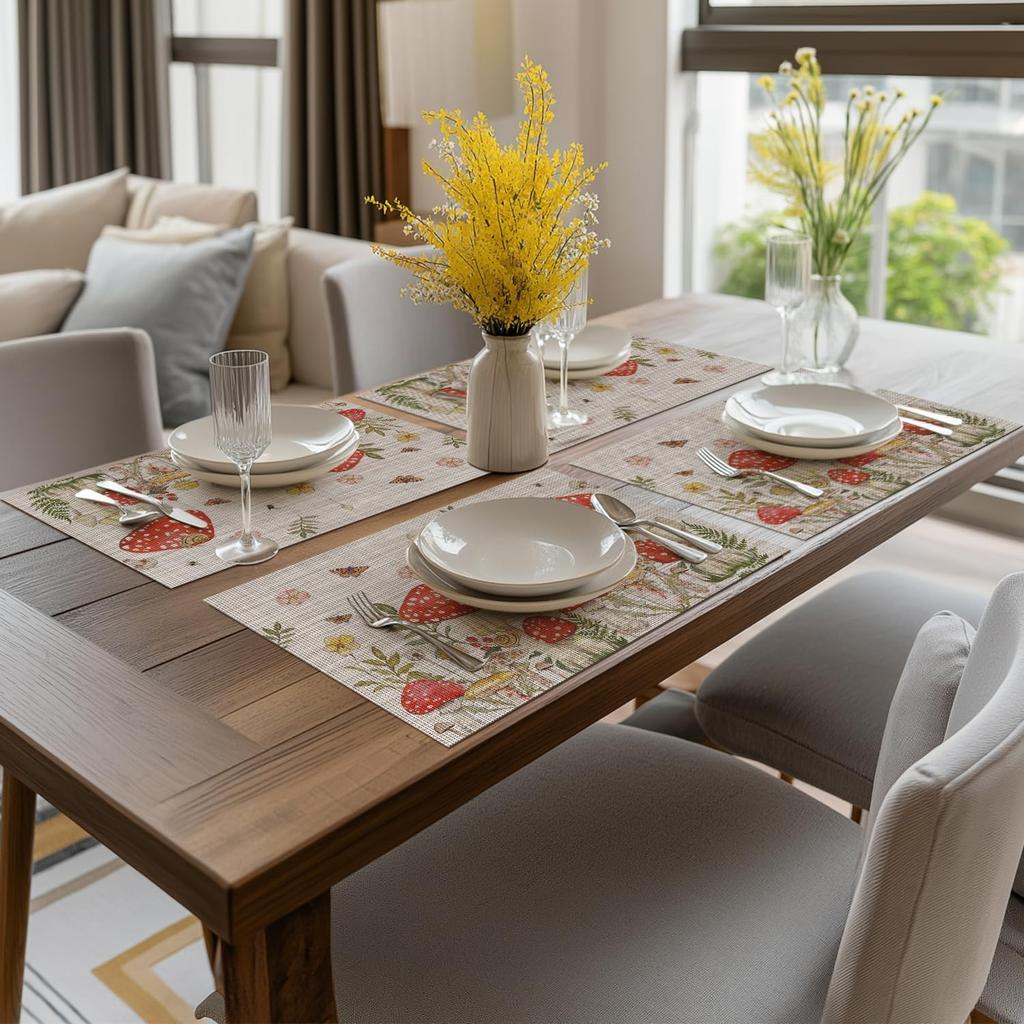Beige Mushroom Moth Flowers Placemats Set of 4, 12x18 Inch Plastic Woven Wipeable Non-Slip PVC Place Mats for Party Kitchen Dining Decor