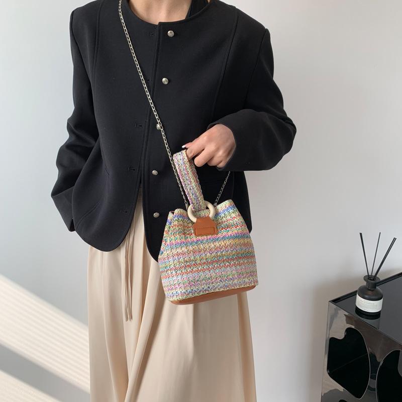 2025 spring new woven bucket bag chain bag casual armpit bag versatile straw woven shoulder oblique span bag