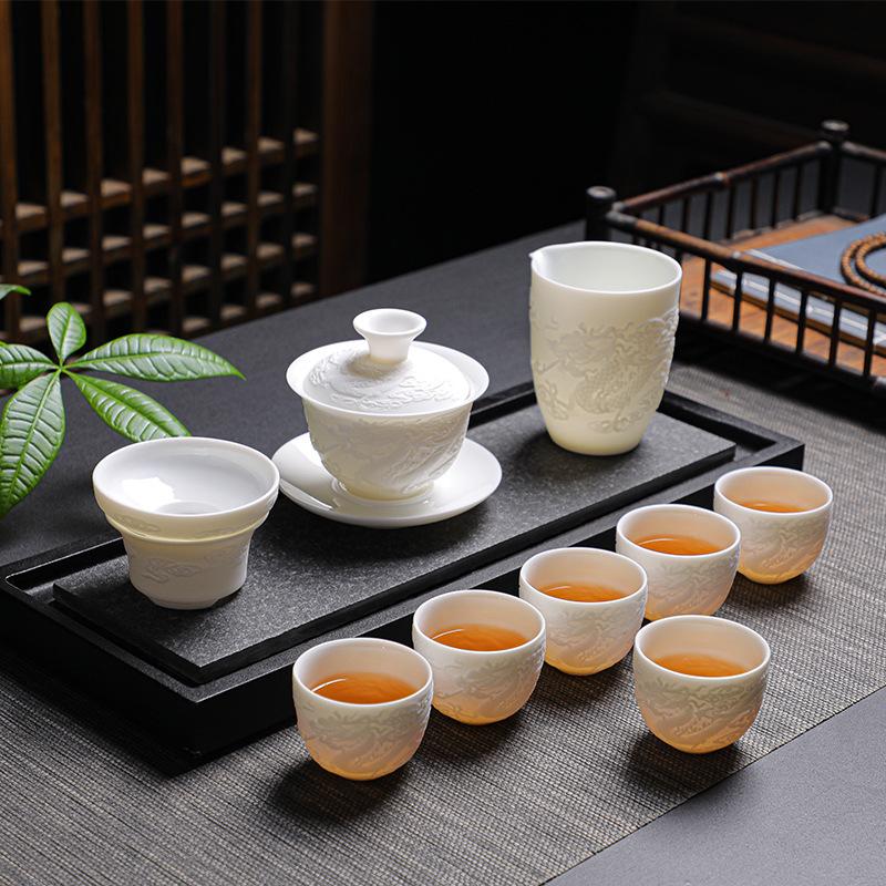 

Dehua relief white porcelain tea set, business simplicity, six-cup Kung Fu tea set, gift box set, gift gift