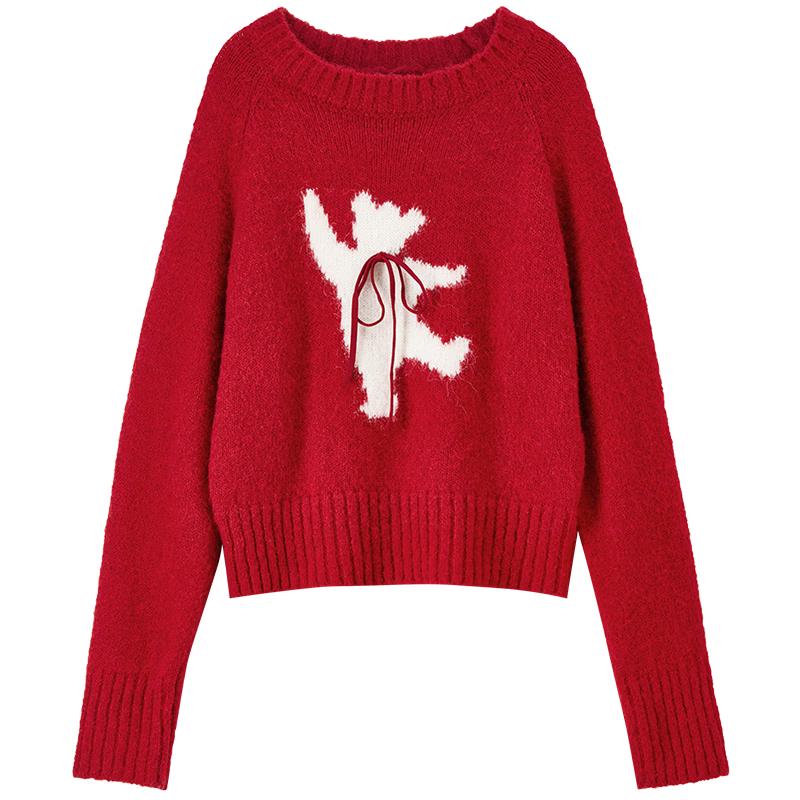 Women's V-Neck Bear Pattern Knitted Sweater